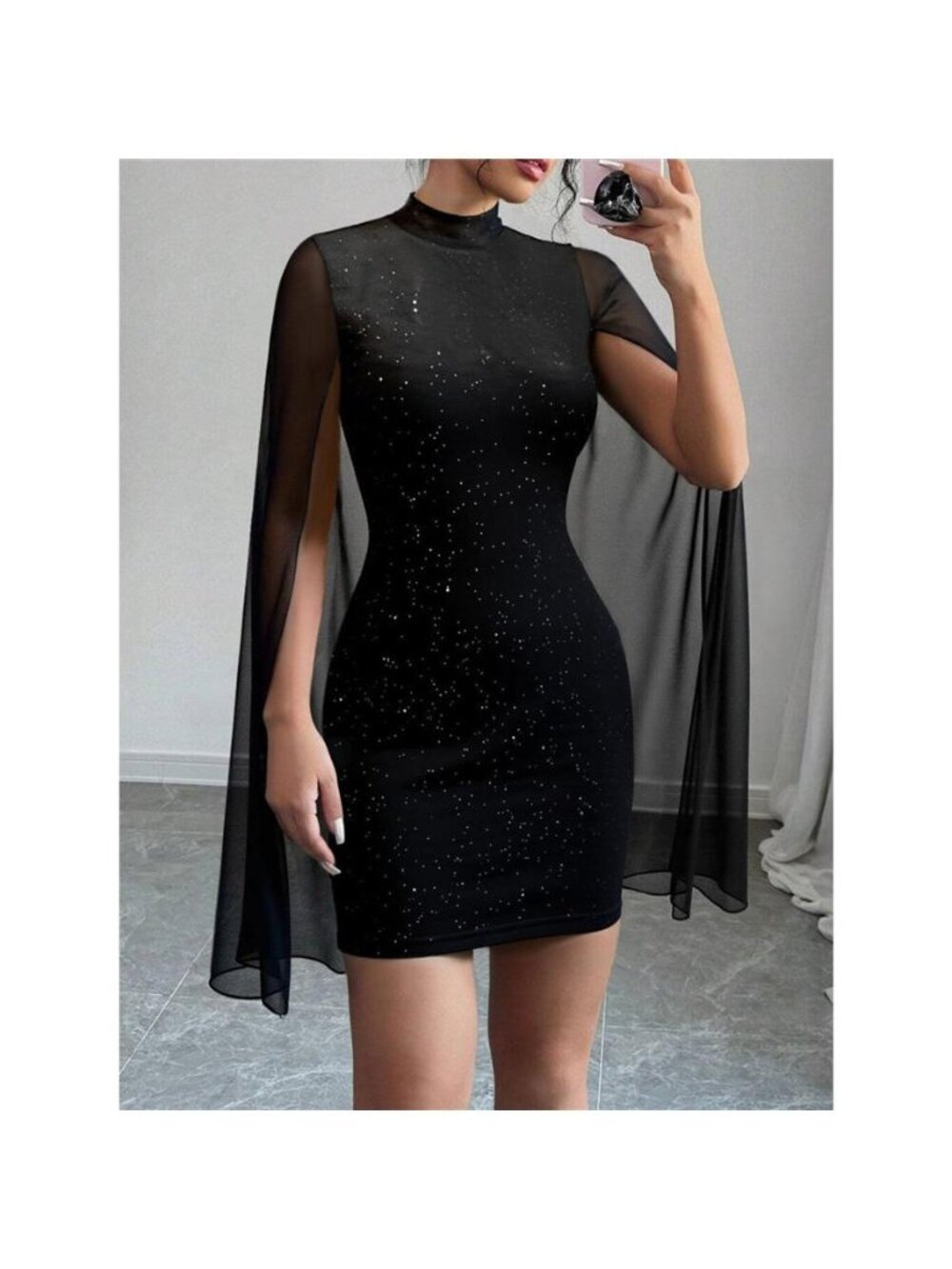 Glitter Mesh Slit Sleeve Bodycon Mini Dress